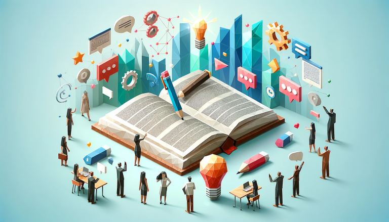 Low poly style image in a 16 by 9 format depicting the 'Essential Guide to Writing an Advertisement,' featuring an open book or magazine surrounded by abstract human figures representing writers and marketers collaborating. Accompanying elements include a pen, a light bulb for ideas, and speech bubbles, signifying the creative and communicative process of ad writing, all harmonized within a serene light blue background.