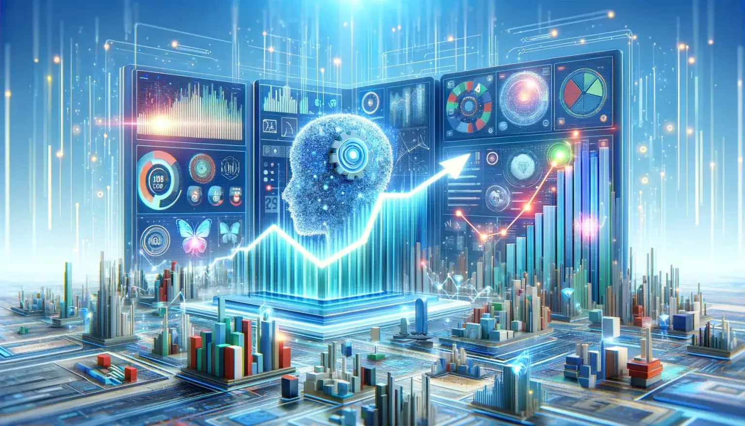 Harnessing the Power of AI Marketing Tools for Enhanced Customer Retention Rates. Graphic representation of AI's influence in modern marketing, highlighting cutting-edge tools and data analytics that propel customer retention rates, all set against a calming light blue background, signifying the innovative blend of technology and customer-centric strategies.