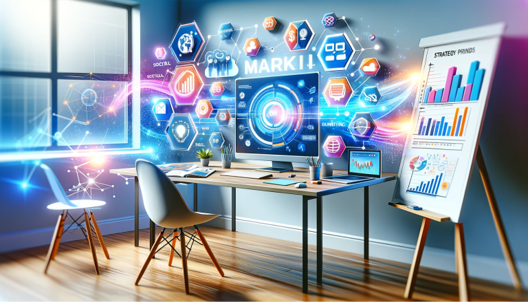 A dynamic and engaging workspace for developing a marketing strategy. The scene features a workspace with a computer displaying a digital marketing
