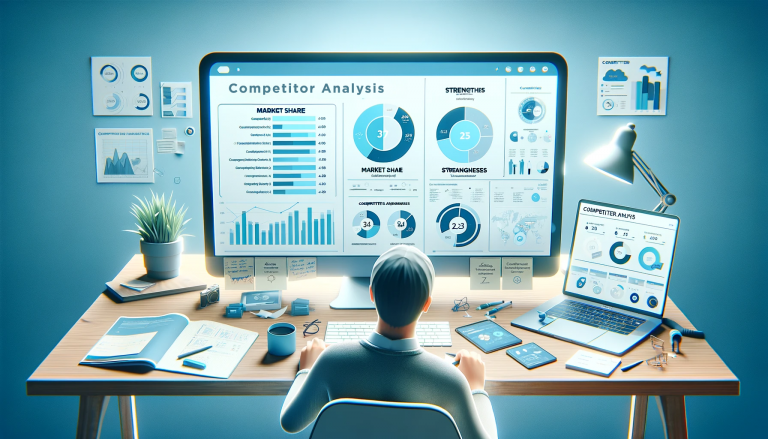 A strategic and insightful workspace for competitor analysis in marketing. The scene shows a large monitor displaying a competitive analysis dashboard