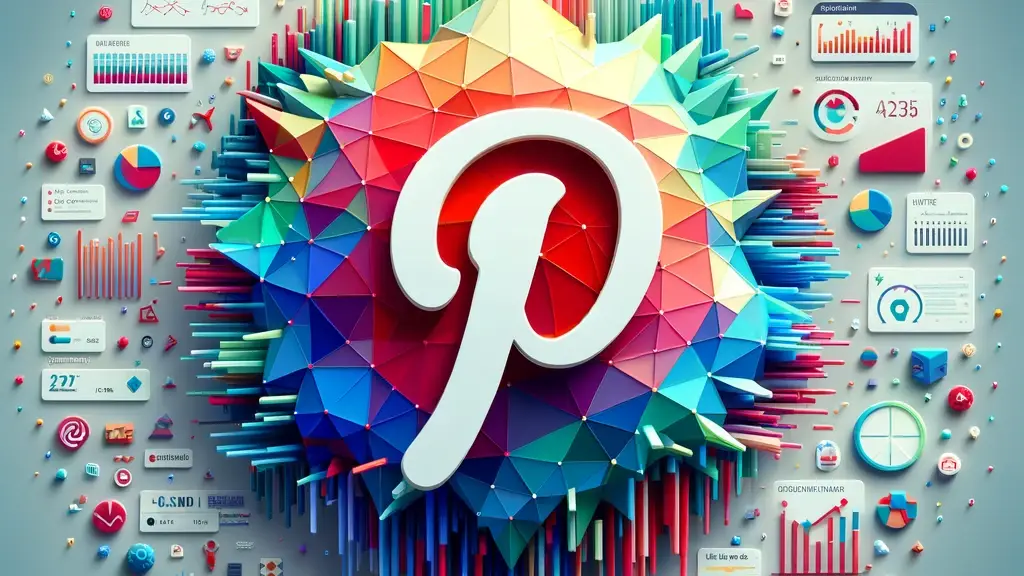 A vibrant low poly art style landscape depicting the dynamic and innovative nature of Pinterest marketing in 2024, with elements representing data analytics, user engagement, and diverse content types.
