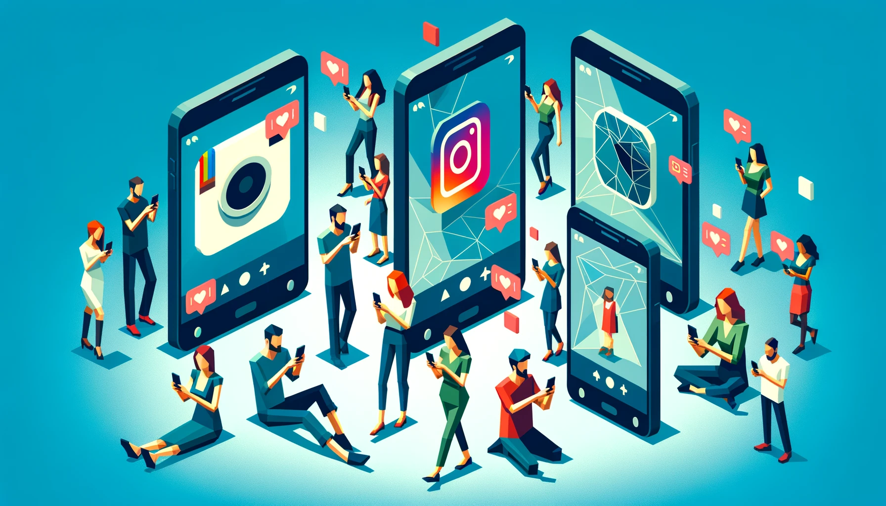 DALL·E 2024 01 08 22.37.32 Several People Using Instagram On Their Smartphones Depicted In A Low Poly Art Style. The Background Is Light Blue And The Image Is In A 16 9 Format 