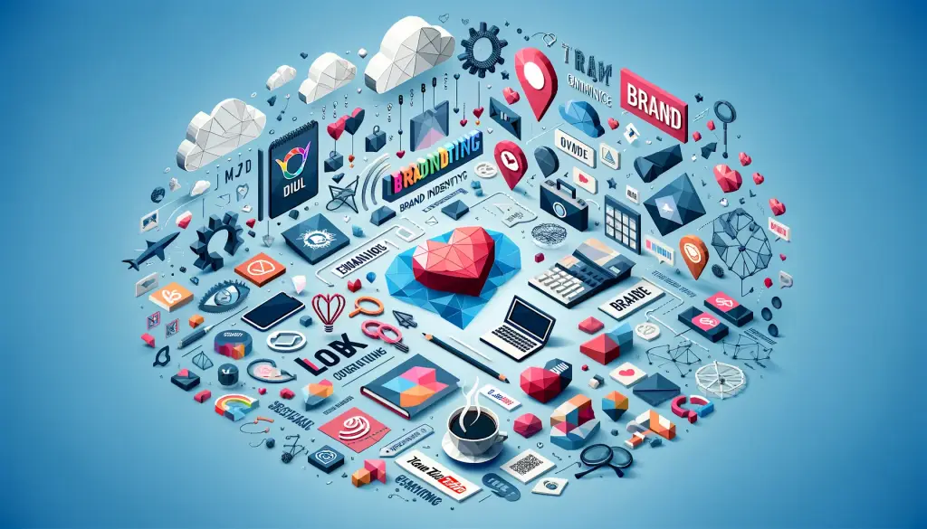 The image representing the practical applications of branding and brand identity in business is now ready. It features elements like logos, slogans, and emotional connections, depicted in a creative low poly art