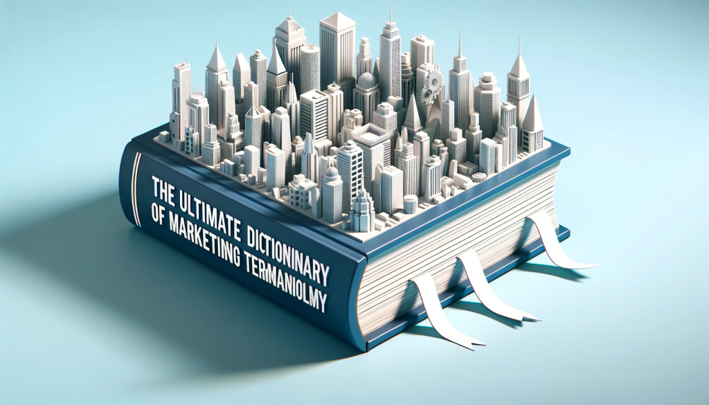 An artistic low poly representation of 'The Ultimate Dictionary of Marketing Terminology' with a tranquil light blue backdrop, symbolizing the comprehensive guide to marketing lingo
