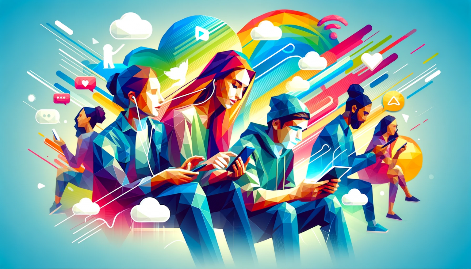 DALL·E 2024 01 10 13.45.04 An Image Of Two To Three Gen Z Individuals Engaging With Technology Or In A Social Setting Depicted In A Vibrant Low Poly Art Style. The Individuals  1536x878 