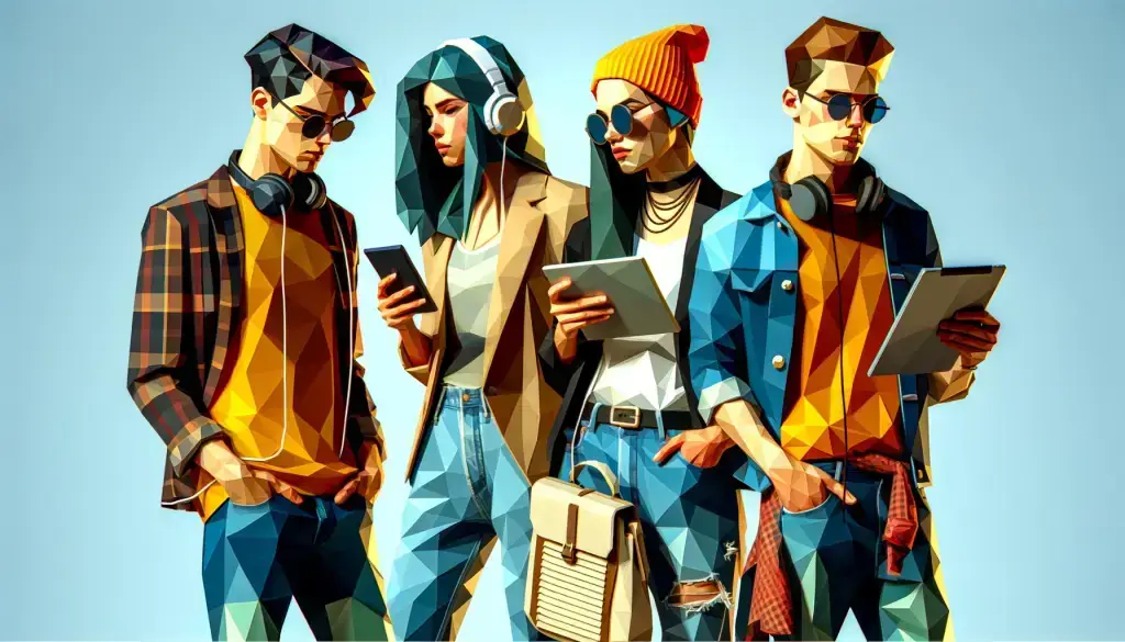Blending digital and traditional marketing elements, symbolizing Generation Z's impact on marketing, featuring digital billboards, social media icons, and eco-friendly elements.
