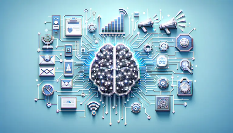 A low poly art style image illustrating the advent of AI in brand marketing, showcasing futuristic elements such as a digital brain and AI circuitry integrated with marketing symbols, set against a light blue background to highlight the transformative impact of AI in marketing.