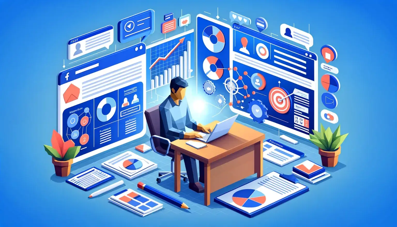How To Build A Facebook Ads Strategy: A Marketing Guide. Illustration of 'How to Build a Facebook Ads Strategy: A Marketer's Guide' in low poly art style, with a person analyzing data at a desk with a laptop, surrounded by target audience profiles, ad creative samples, and performance metrics, on a light blue background.
