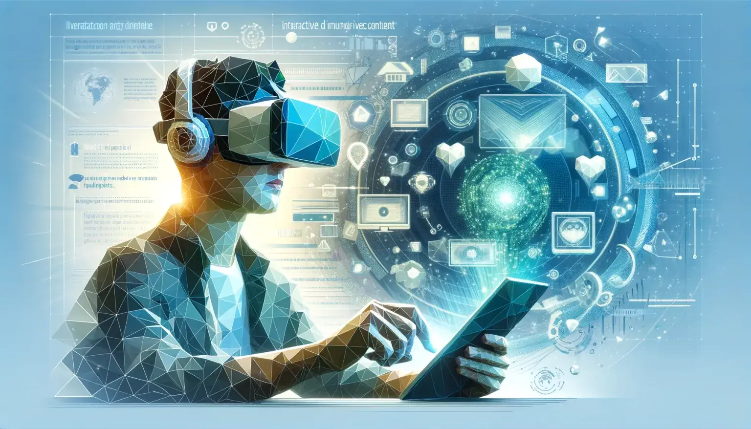 The Top 10 Strategies That Will Transform Marketing In 2024. Person using AR glasses to interact with virtual elements in a light blue background, illustrating the engagement of interactive and immersive content.
