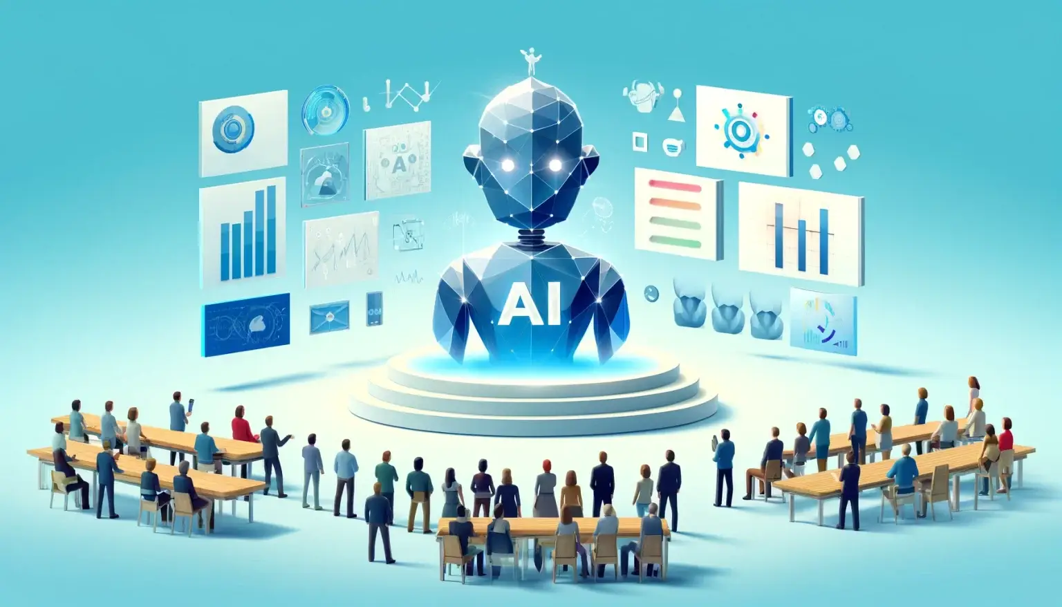 Low poly art of people observing the grand reveal of AI technology in marketing, including digital displays and analytics charts, set against a light blue background that symbolizes innovation and the futuristic aspect of AI.
