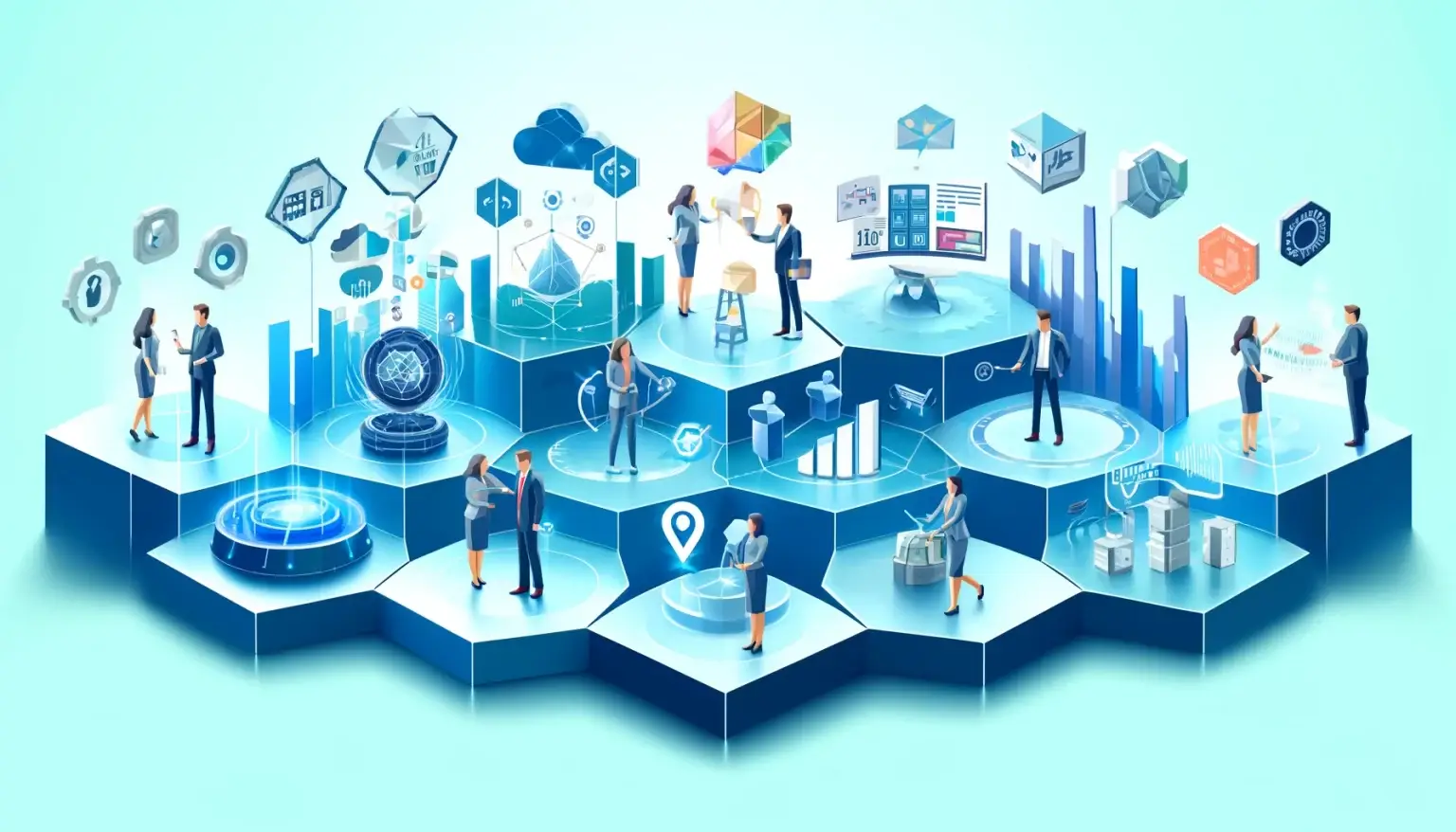 5 AI Trends That Will Define Marketing in the Next Decade. Low poly art featuring five sections, each illustrating a significant AI trend in marketing, with professionals interacting with technologies that forecast and influence marketing strategies, set against a light blue background symbolizing innovation.