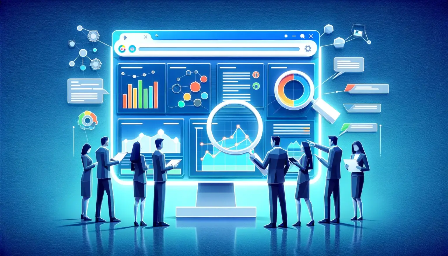 10 Steps to Optimize Your Marketing Strategy for Ai Search. Low poly art of a futuristic search engine interface with digital marketers analyzing data on a light blue background.