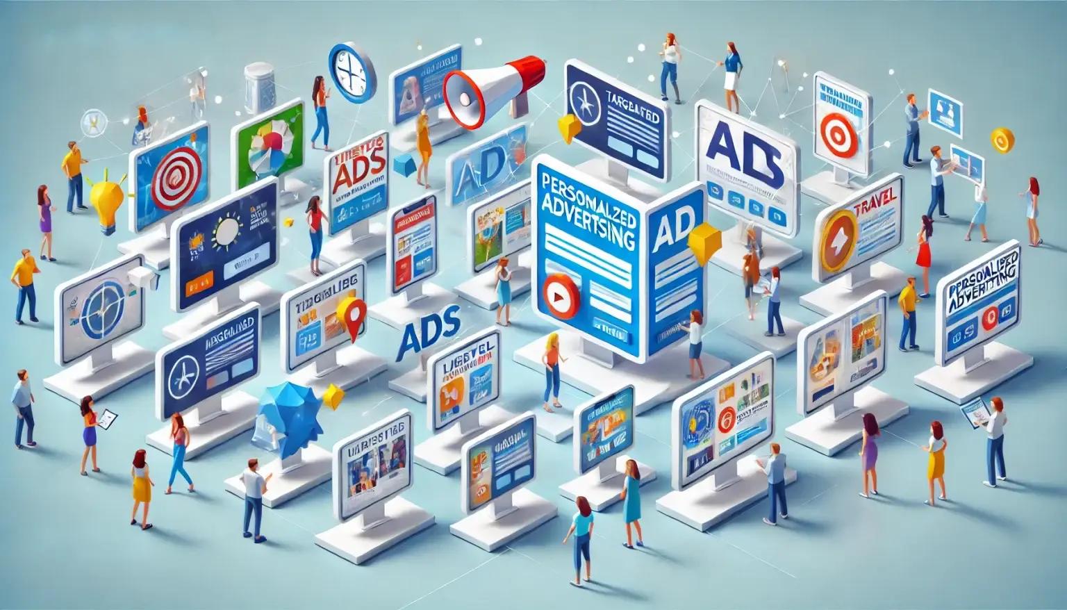 Low poly art of a scene with various digital advertising screens, each tailored to individual consumer demographics and interests, illustrating the effectiveness and customization of personalized advertising strategies.