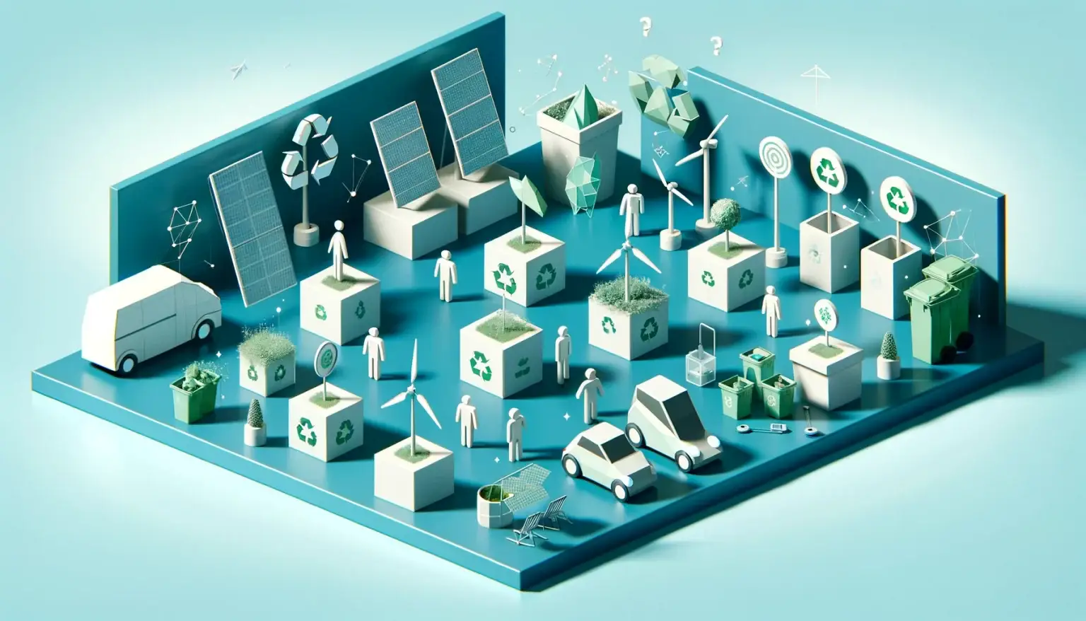 Top 10 Sustainable Marketing Examples: How These Brands Are Leading the Way in Eco-Consciousness. Low poly art style representation of sustainable marketing practices, featuring geometric figures interacting with icons like solar panels and wind turbines, emphasizing simplicity and clarity in conveying the importance of sustainability in marketing.