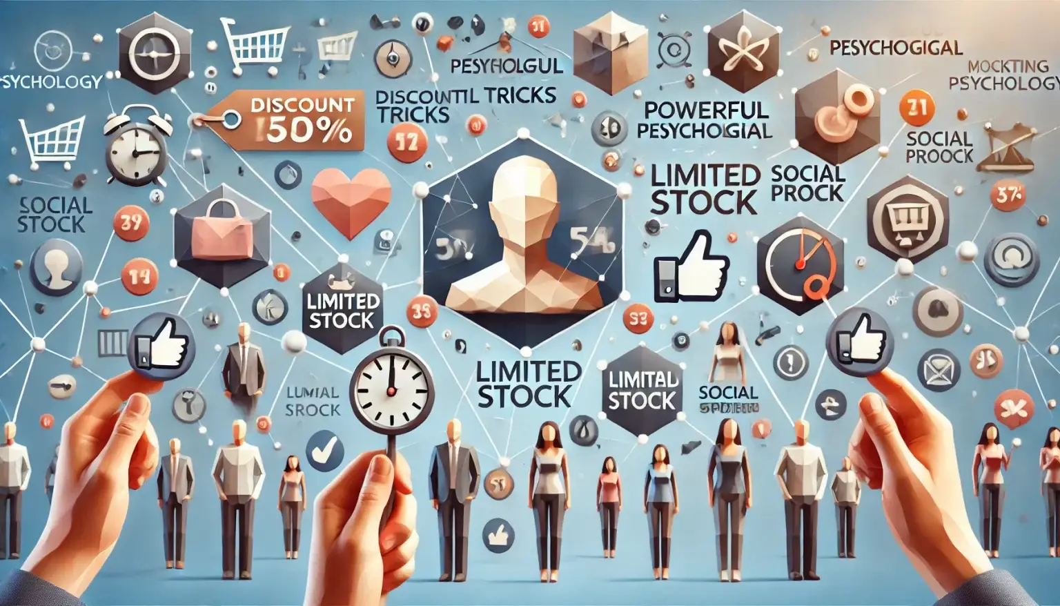 20 Most Powerful Psychological Tricks Brands Use to Get You to Buy. Low poly art image depicting human figures interacting with marketing elements like discount tags, urgency clocks, and social proof icons, illustrating the psychological tricks brands use to influence consumer behavior on a light blue geometric background.