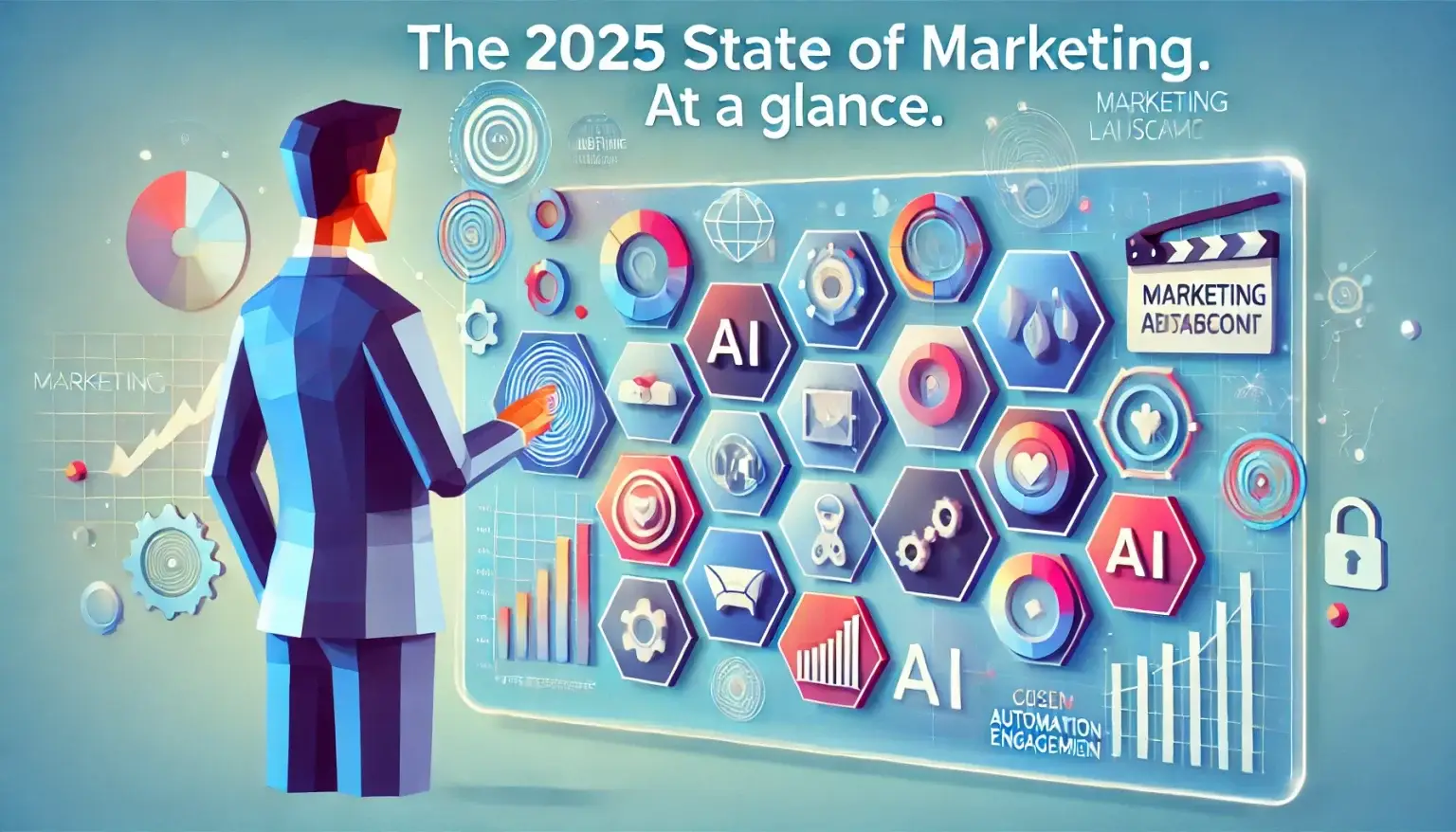 The 2025 State of Marketing – Quick Look. A low poly art image of a futuristic business professional interacting with a simplified digital dashboard displaying key marketing trends, AI, automation, and consumer engagement insights. The background is light blue with a clean, modern aesthetic, representing the evolving marketing landscape in 2025.