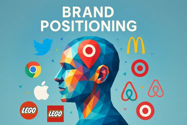A bold low poly art image of a stylized human head in profile, with a red location pin symbol on the forehead, representing mental brand space. Surrounding the head are iconic logos such as Apple, LEGO, Google Chrome, Twitter, McDonald's, Airbnb, and Target. The background is light blue, emphasizing the concept of brand positioning and memorability.